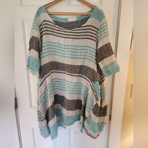 Luukaa Karen Tunic Linen Size 18 Cream & Mint Lagenlook Artsy